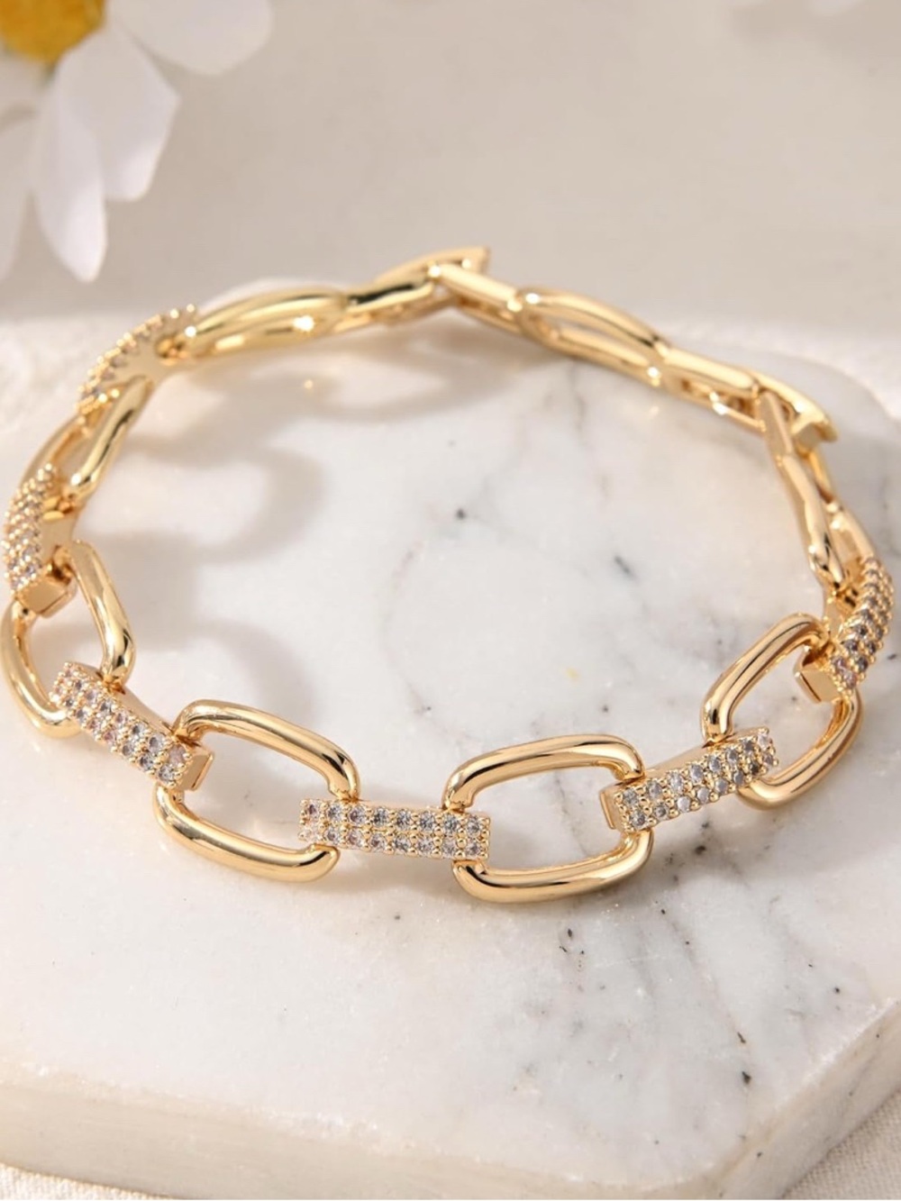 14K Gold Plated Link Chain Bracelet with Crystals